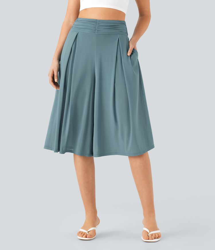 Sheer Mesh High Waisted 2-in-1 Flowy Wide Leg Pedal Pusher Pants with Pockets