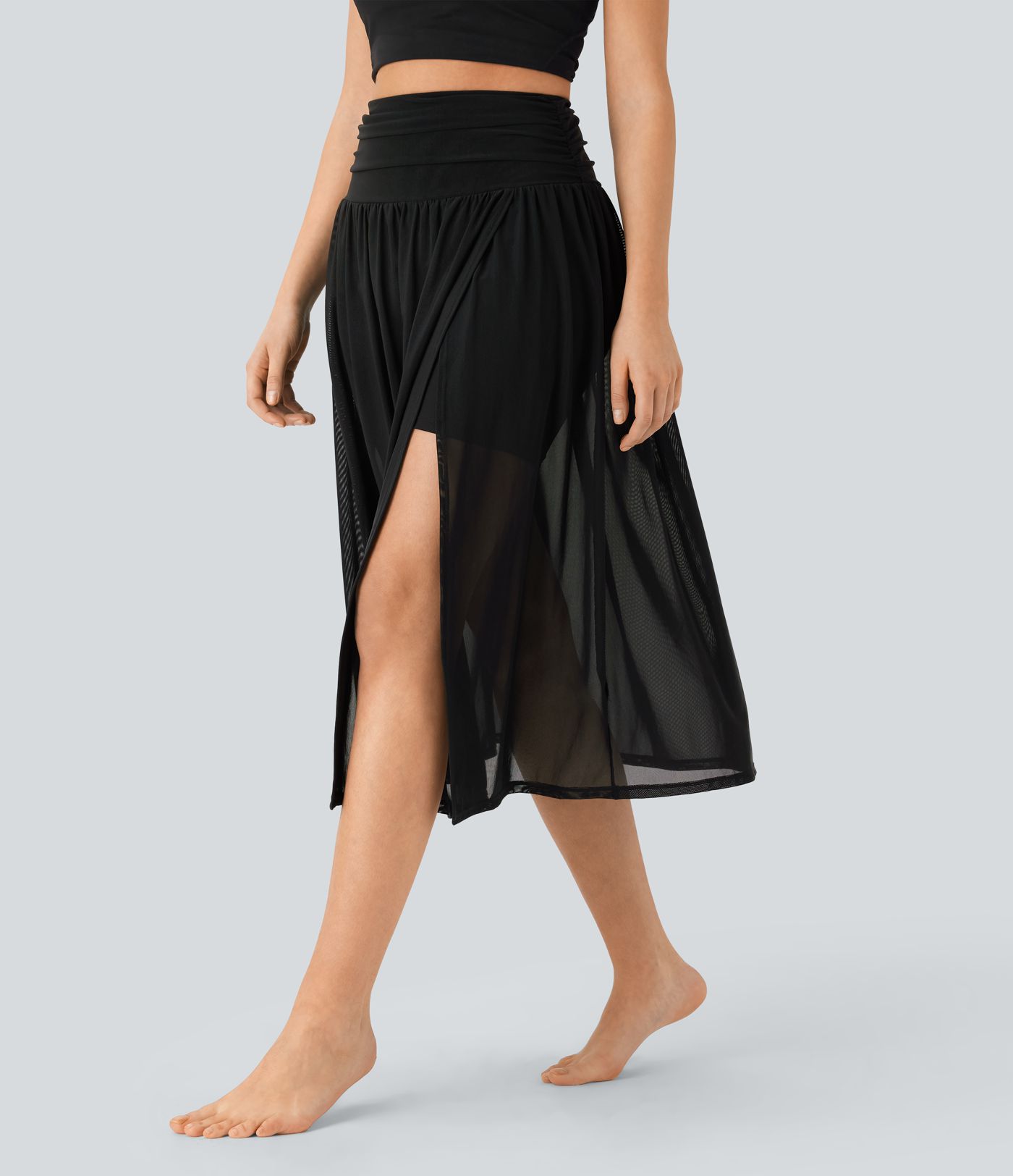 Hohe Taille 2-in-1 Fließender Midi-Tanzrock mit Tasche