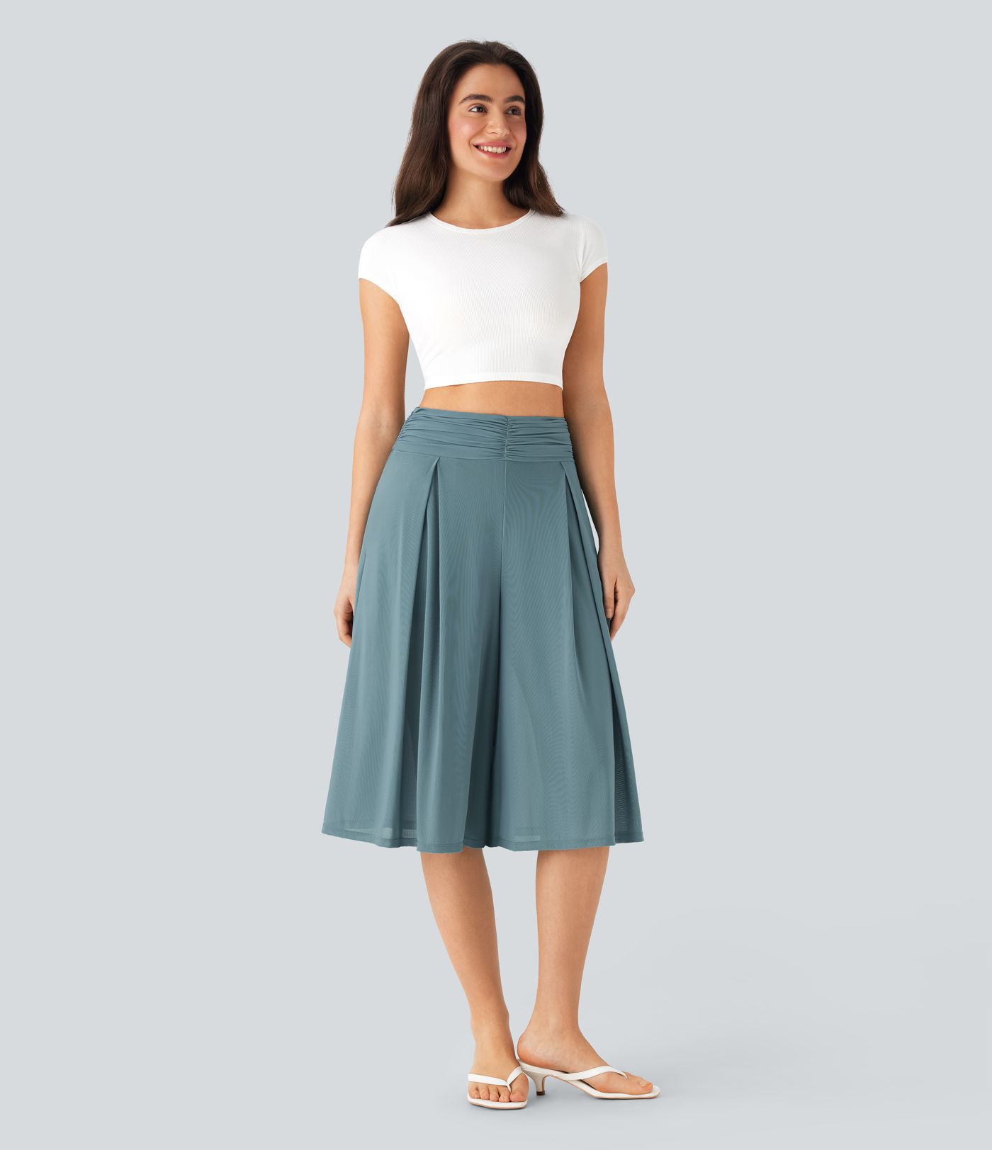 Sheer Mesh High Waisted 2-in-1 Flowy Wide Leg Resort Cropped Capri Trousers with Pockets