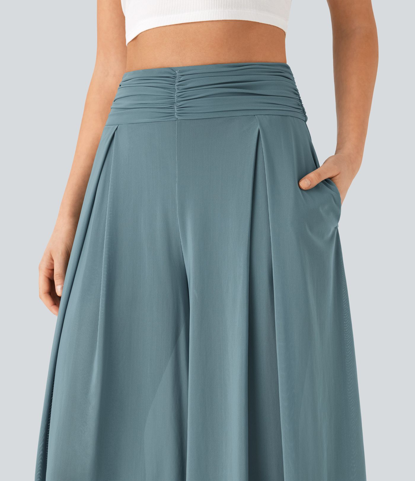 Sheer Mesh High Waisted 2-in-1 Flowy Wide Leg Resort Cropped Capri Trousers with Pockets