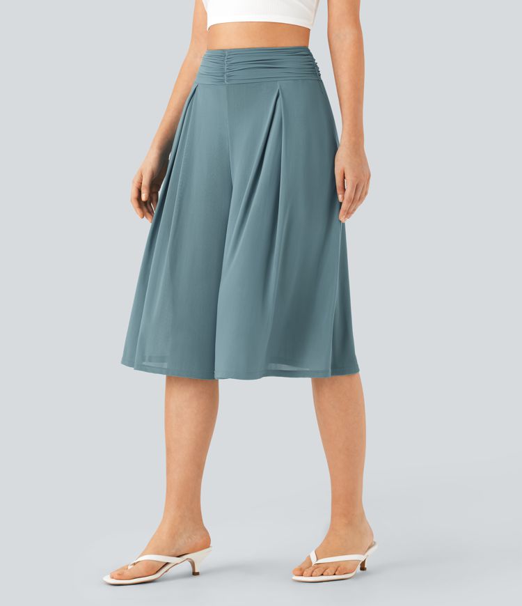 Sheer Mesh High Waisted 2-in-1 Flowy Wide Leg Resort Cropped Capri Trousers with Pockets