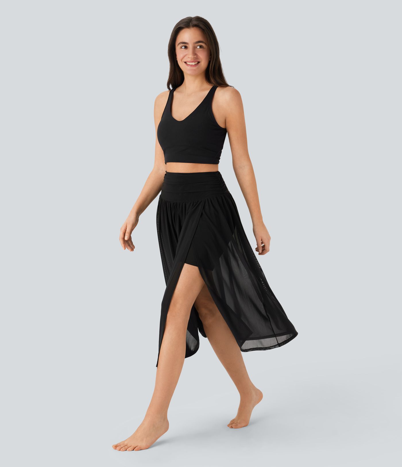 Hohe Taille 2-in-1 Fließender Midi-Tanzrock mit Tasche