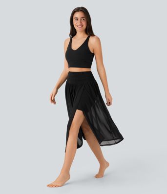 Hohe Taille 2-in-1 Fließender Midi-Tanzrock mit Tasche