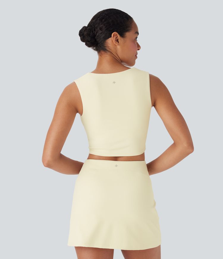 SoftlyZero™ Plush Square Neck Ruched Tank Top And Tummy Control 2-in-1 Yoga Skirt Set with Pocket