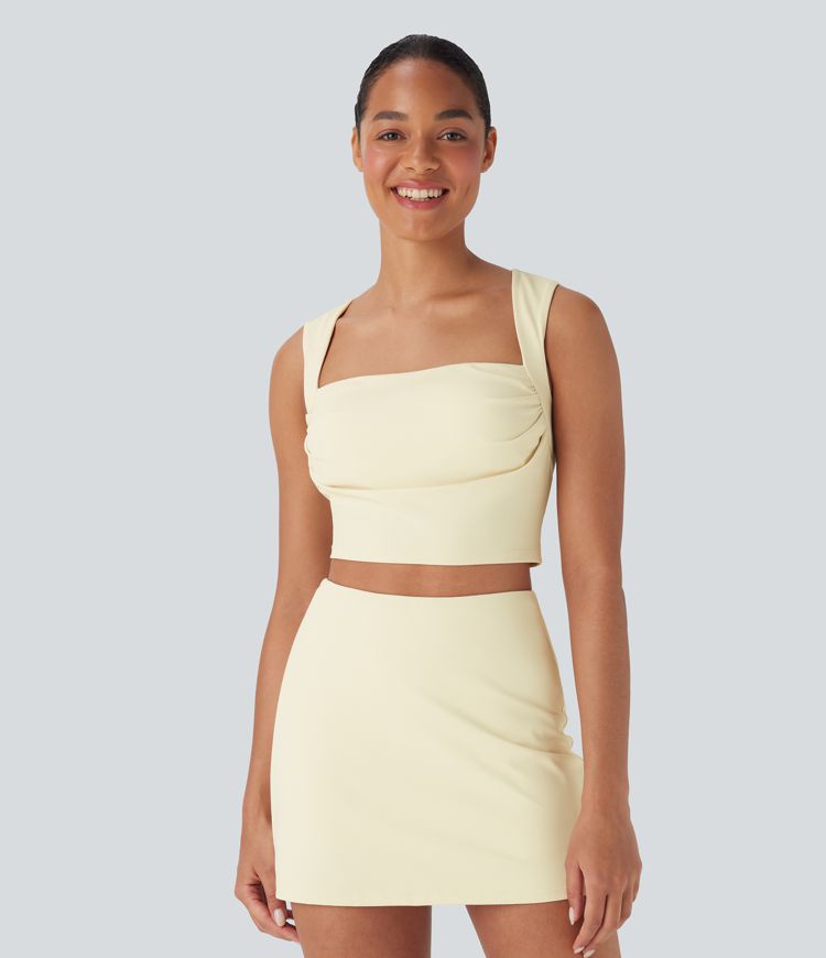 SoftlyZero™ Plush Square Neck Ruched Tank Top And Tummy Control 2-in-1 Yoga Skirt Set with Pocket