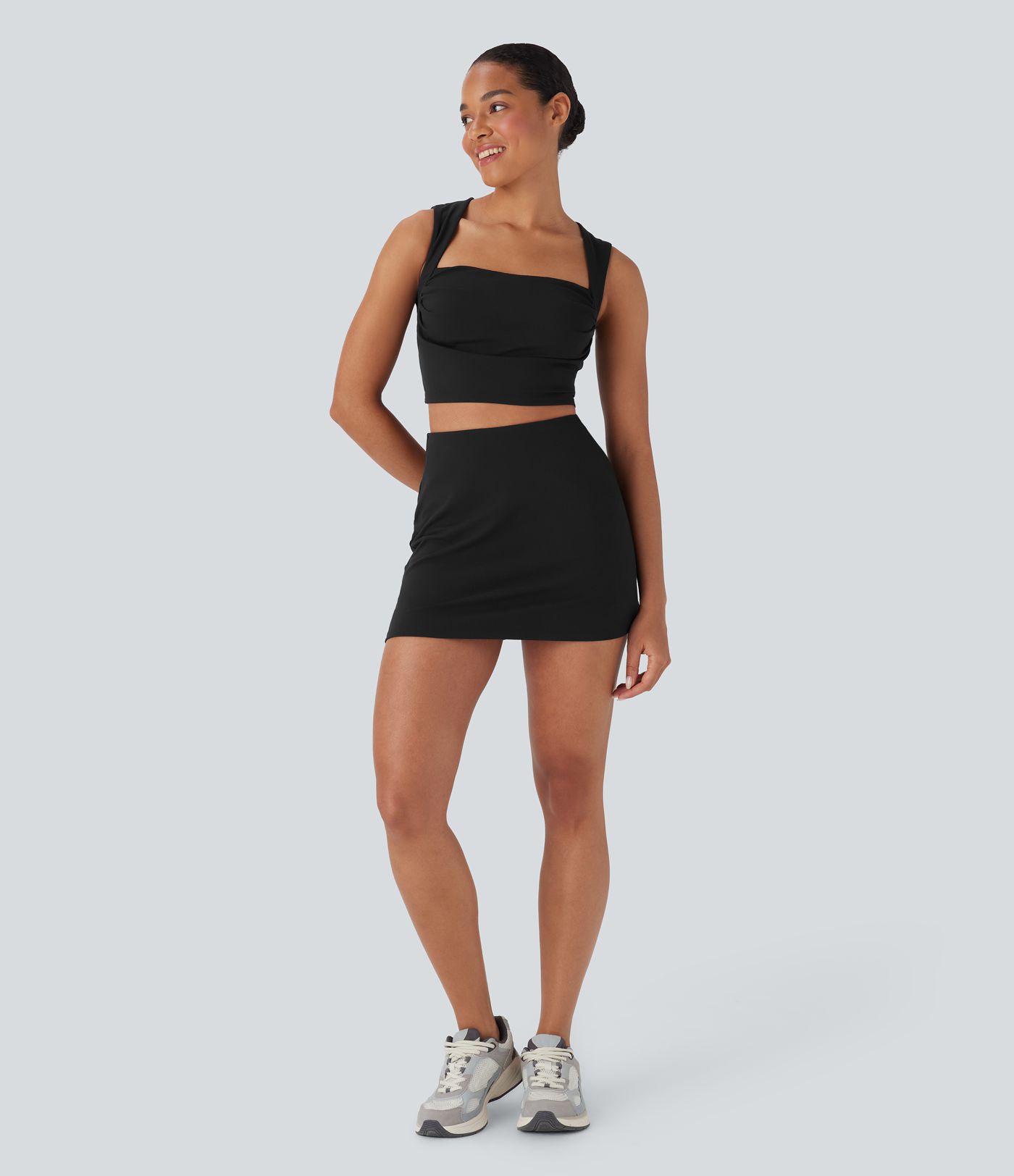 SoftlyZero™ Plush Square Neck Ruched Tank Top And Tummy Control 2-in-1 Yoga Skirt Set with Pocket