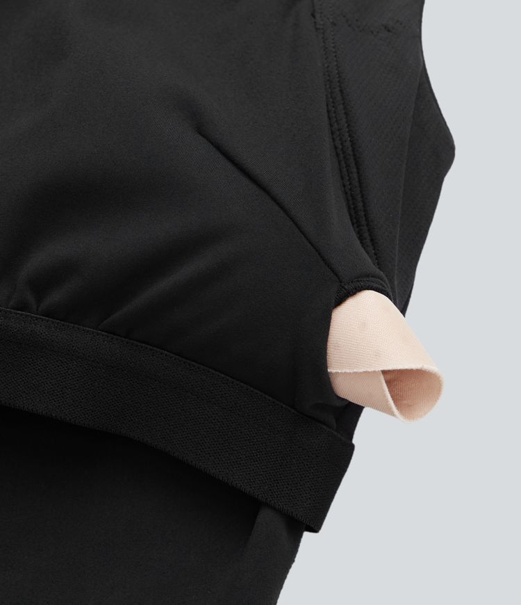 Conjunto de camiseta de tirantes fruncida con cuello cuadrado y falda de yoga 2 en 1 con moldeador de abdomen y bolsillo