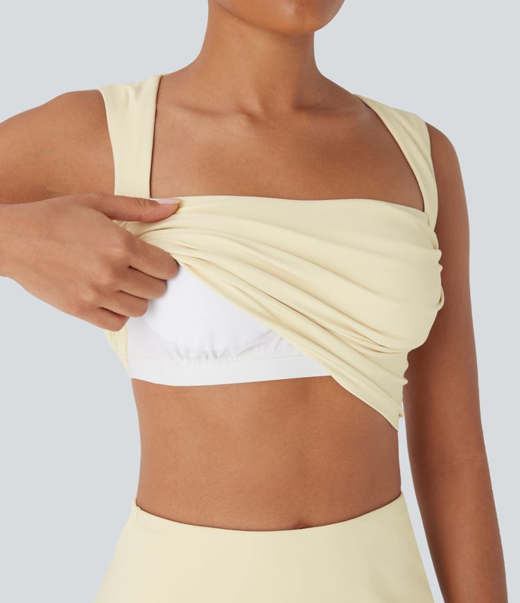 SoftlyZero™ Plush Square Neck Ruched Tank Top And Tummy Control 2-in-1 Yoga Skirt Set with Pocket