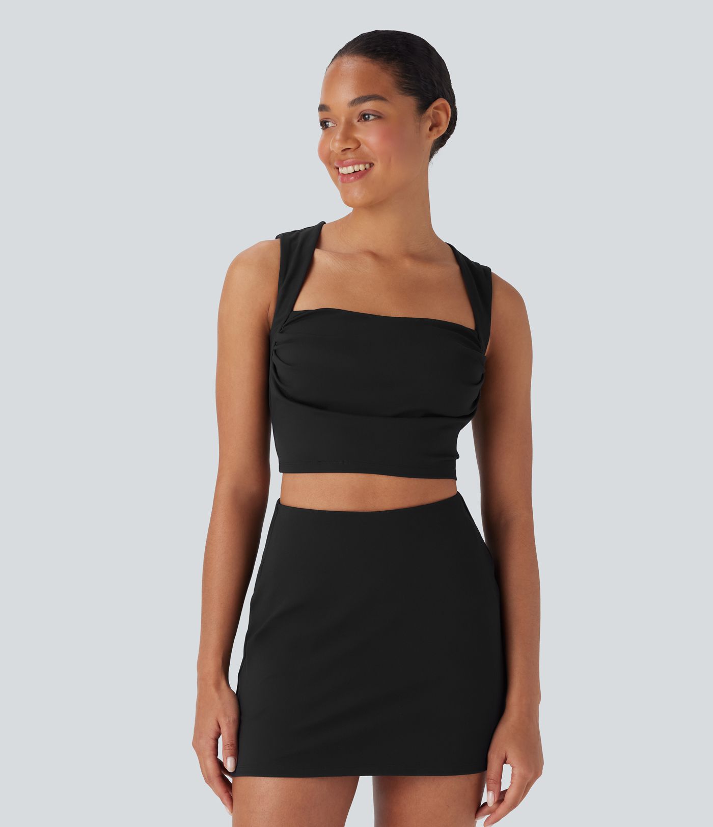 SoftlyZero™ Plush Square Neck Ruched Tank Top And Tummy Control 2-in-1 Yoga Skirt Set with Pocket