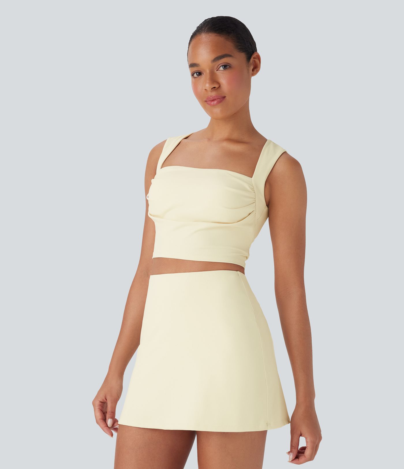 SoftlyZero™ Plush Square Neck Ruched Tank Top And Tummy Control 2-in-1 Yoga Skirt Set with Pocket