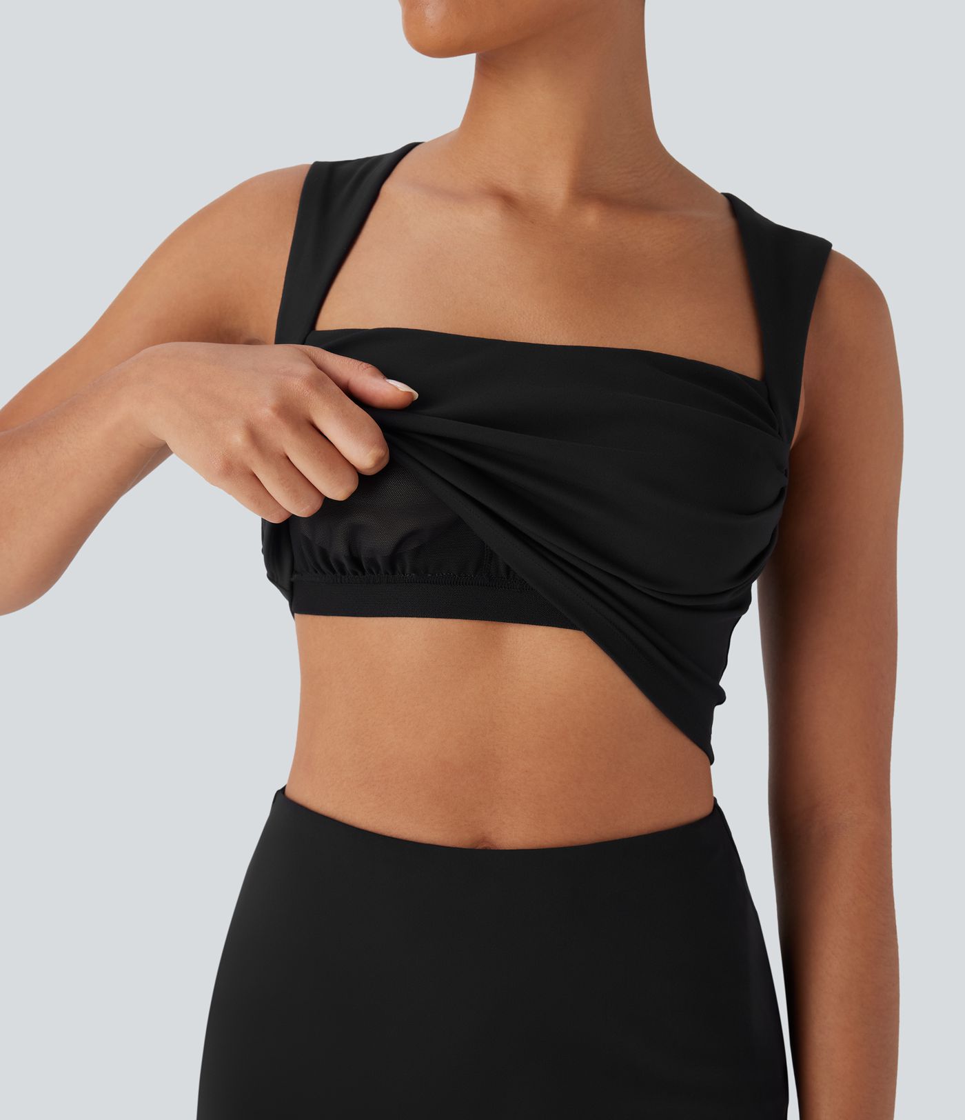 SoftlyZero™ Plush Square Neck Ruched Tank Top And Tummy Control 2-in-1 Yoga Skirt Set with Pocket