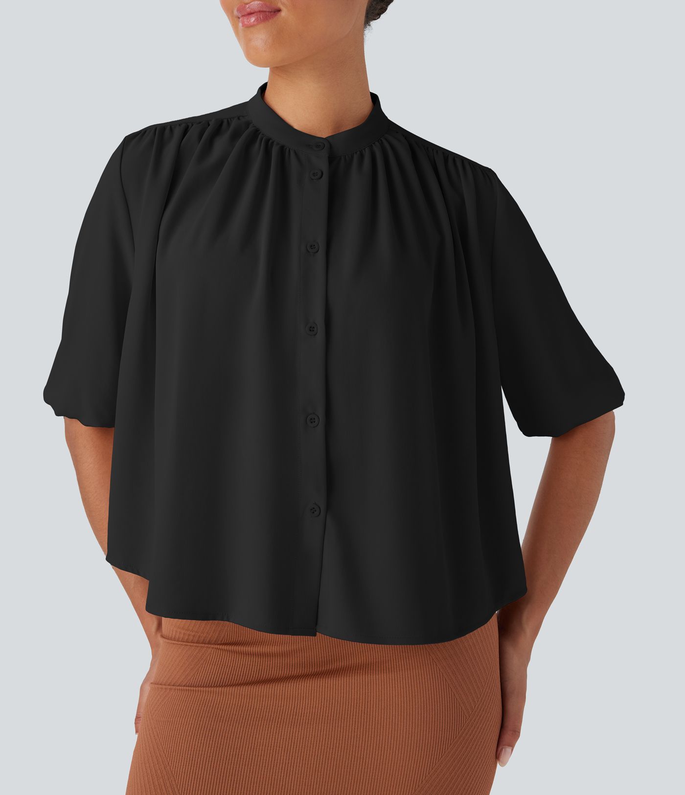 Crew Neck Half Sleeve Curved Hem Linen-Feel Blouse