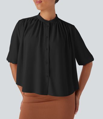 Crew Neck Half Sleeve Curved Hem Linen-Feel Blouse