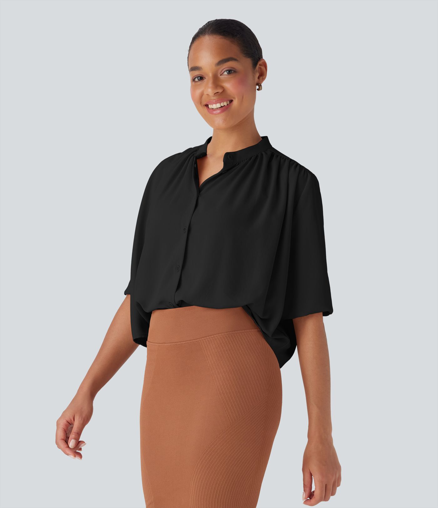 Crew Neck Half Sleeve Curved Hem Linen-Feel Blouse