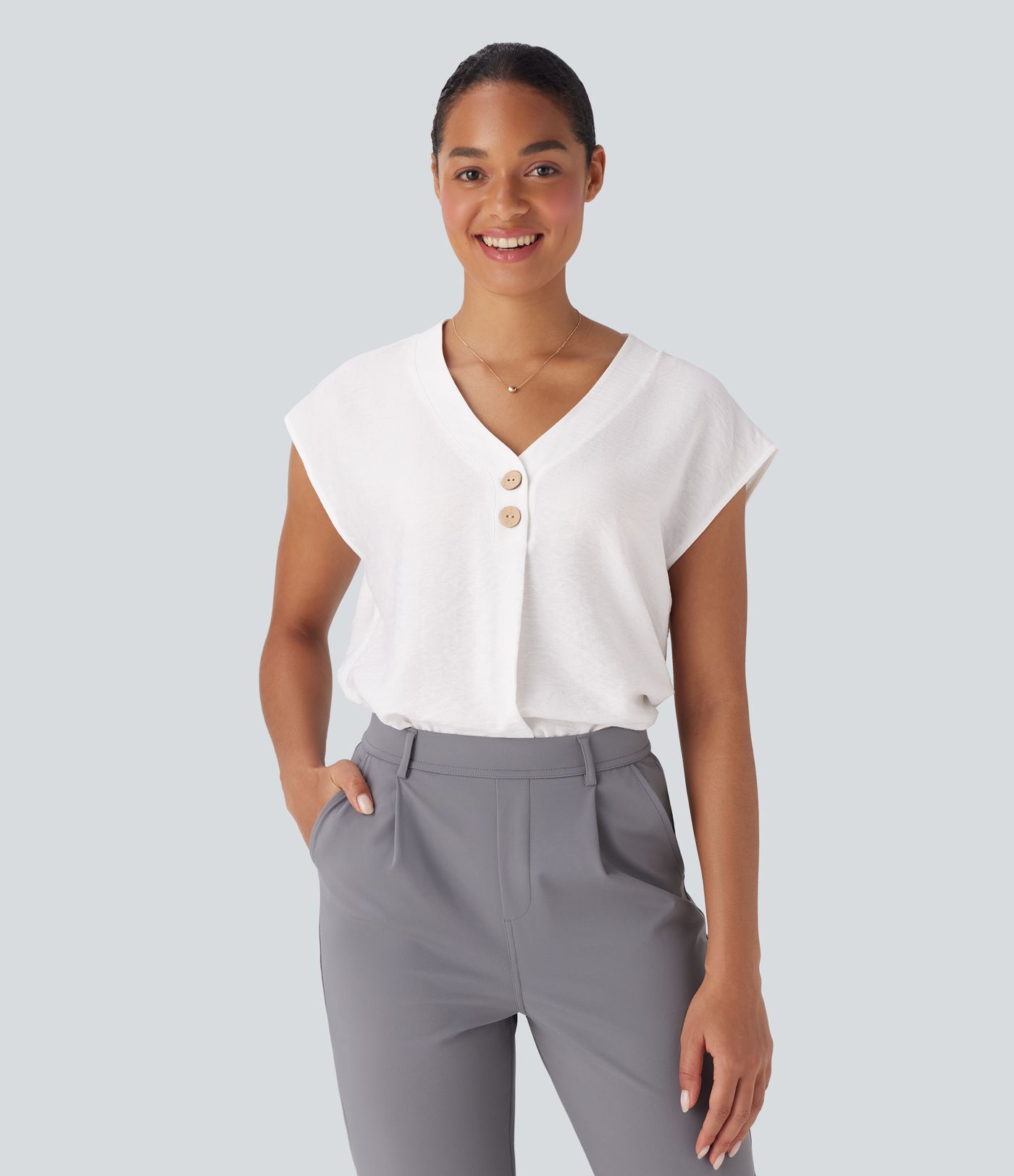 V Neck Cap Sleeve Decorative Work Blouse