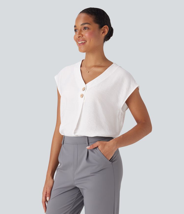 V Neck Cap Sleeve Decorative Work Blouse