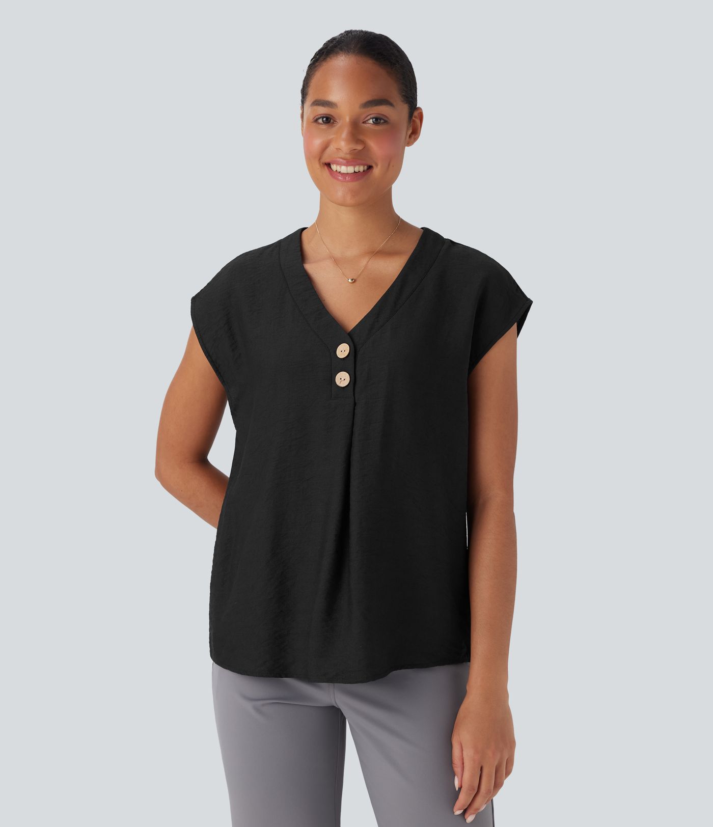 V Neck Cap Sleeve Decorative Work Blouse