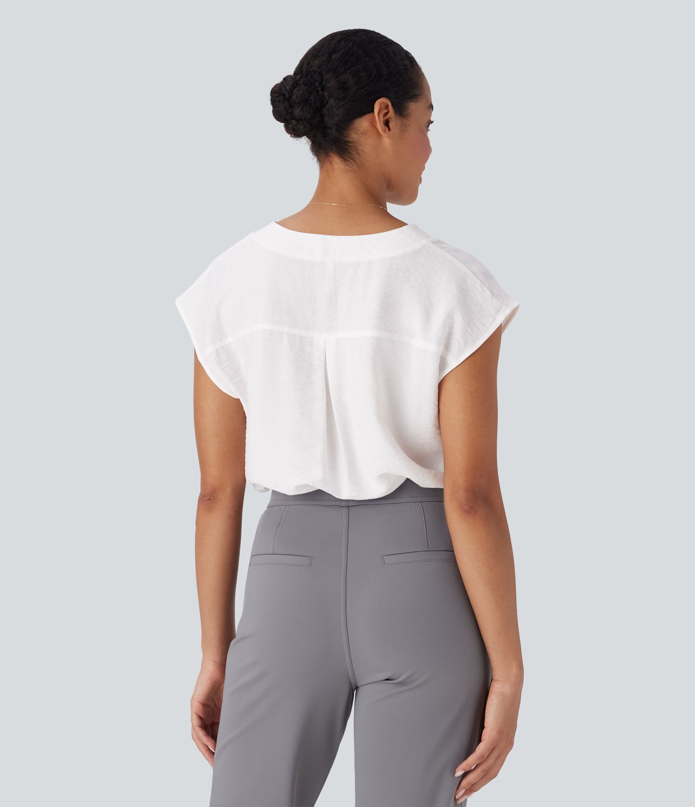 V Neck Cap Sleeve Decorative Work Blouse