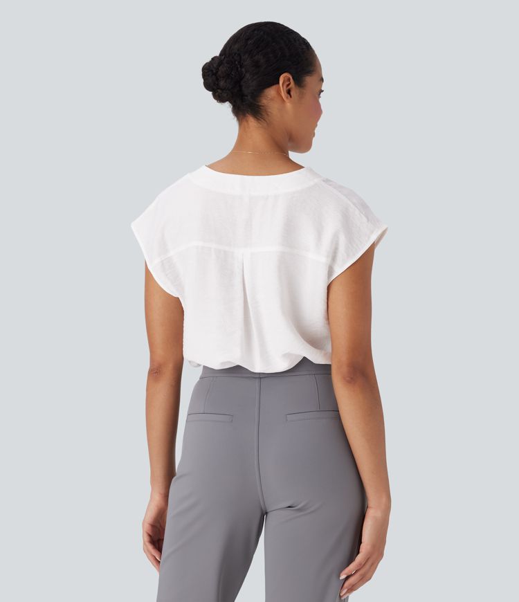 V Neck Cap Sleeve Decorative Work Blouse