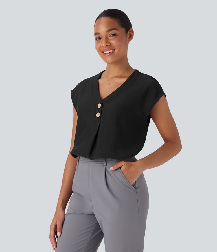 V Neck Cap Sleeve Decorative Work Blouse