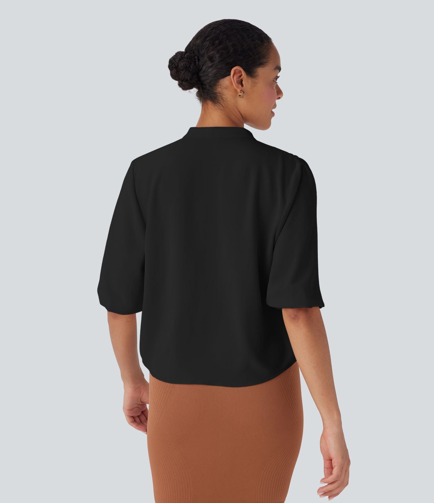 Crew Neck Half Sleeve Curved Hem Linen-Feel Blouse