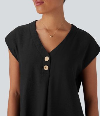 V Neck Cap Sleeve Decorative Work Blouse