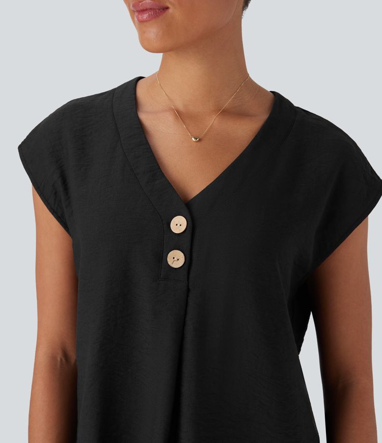 V Neck Cap Sleeve Decorative Work Blouse