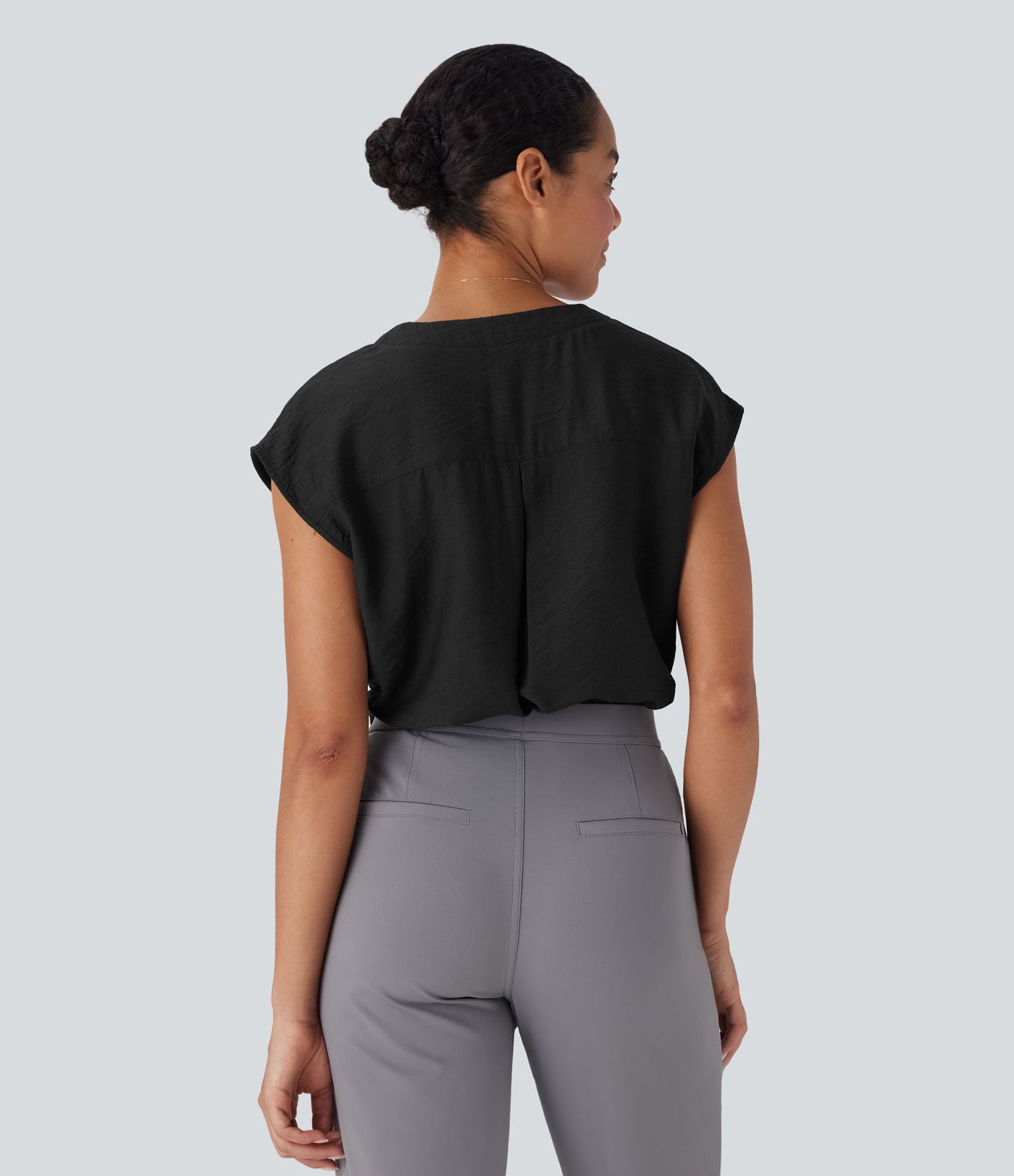 V Neck Cap Sleeve Decorative Work Blouse