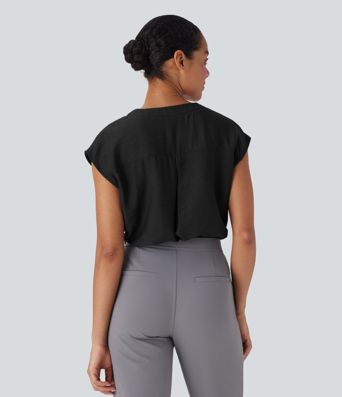 V Neck Cap Sleeve Decorative Work Blouse