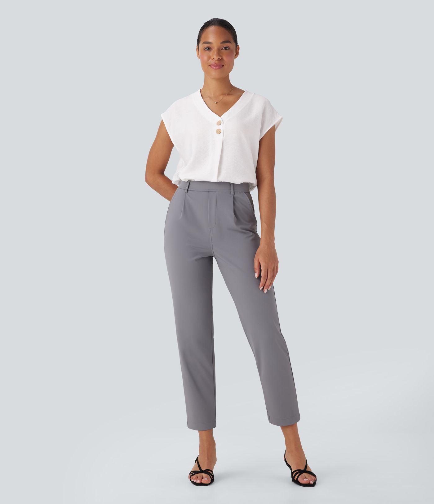 V Neck Cap Sleeve Decorative Work Blouse