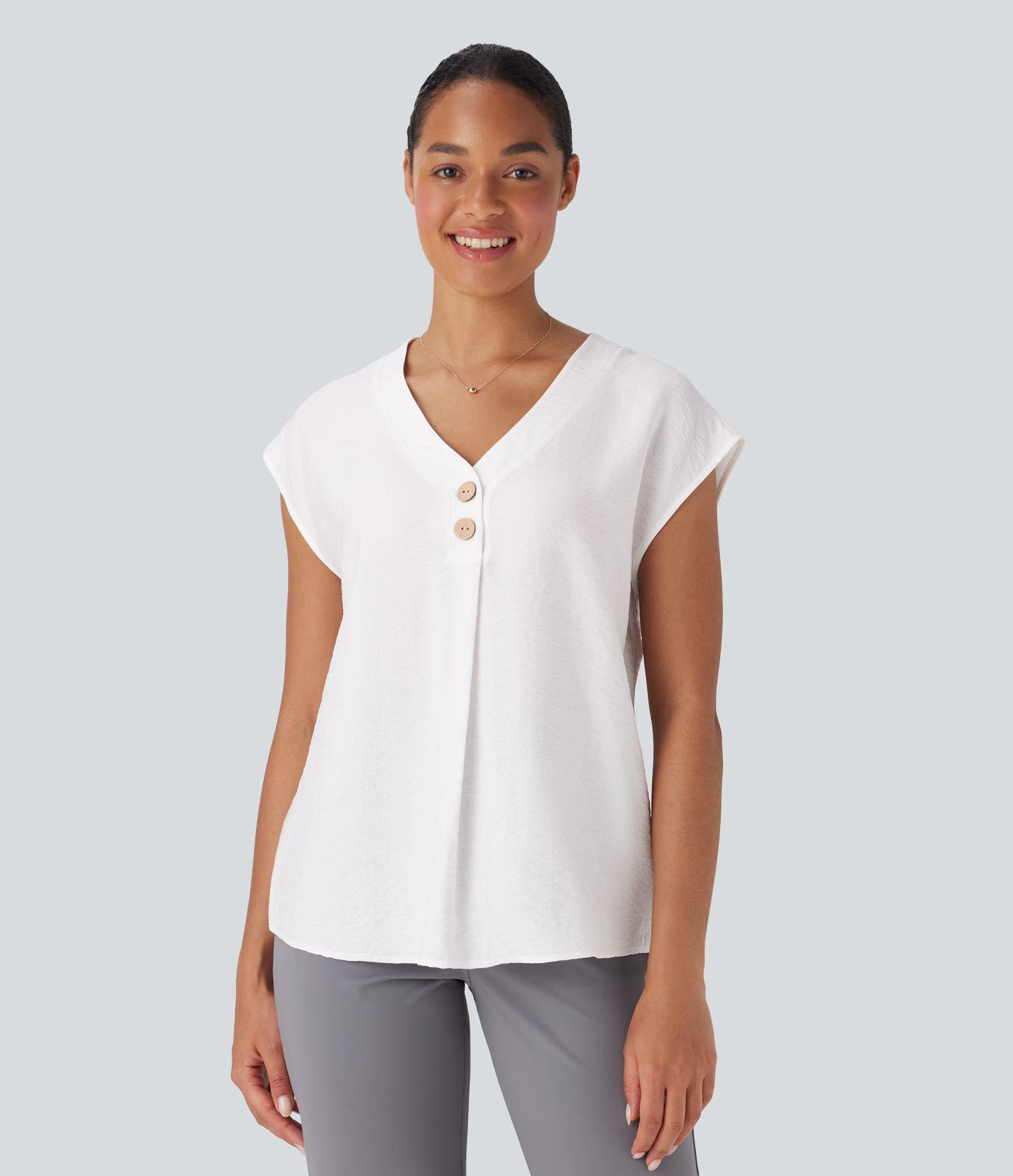 V Neck Cap Sleeve Decorative Work Blouse