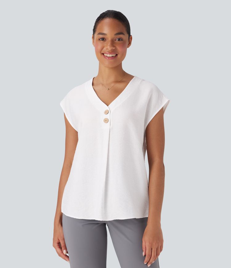 V Neck Cap Sleeve Decorative Work Blouse