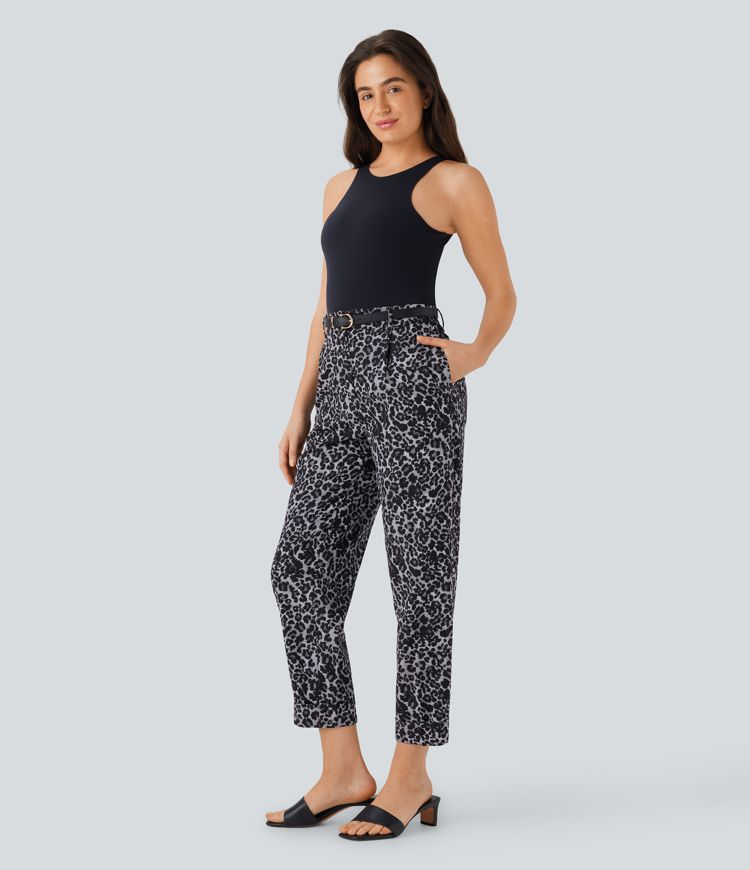High Waisted Leopard Print Casual Tapered Pants with Pockets