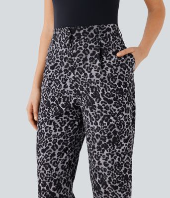 High Waisted Leopard Print Casual Tapered Pants with Pockets