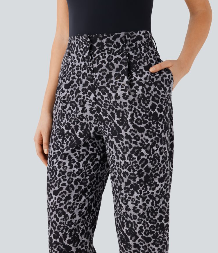 High Waisted Leopard Print Casual Tapered Pants with Pockets