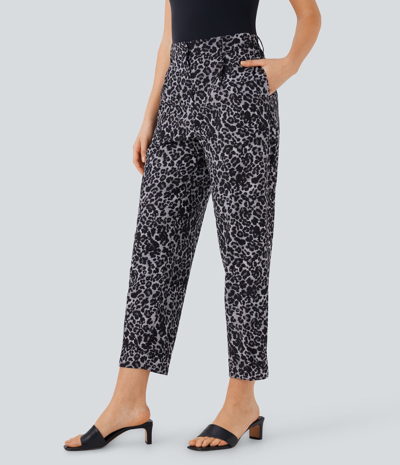 High Waisted Leopard Print Casual Tapered Pants with Pockets