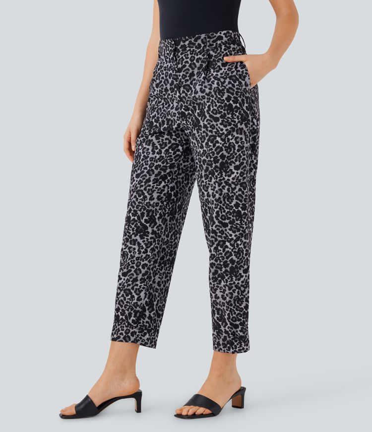 High Waisted Leopard Print Casual Tapered Pants with Pockets