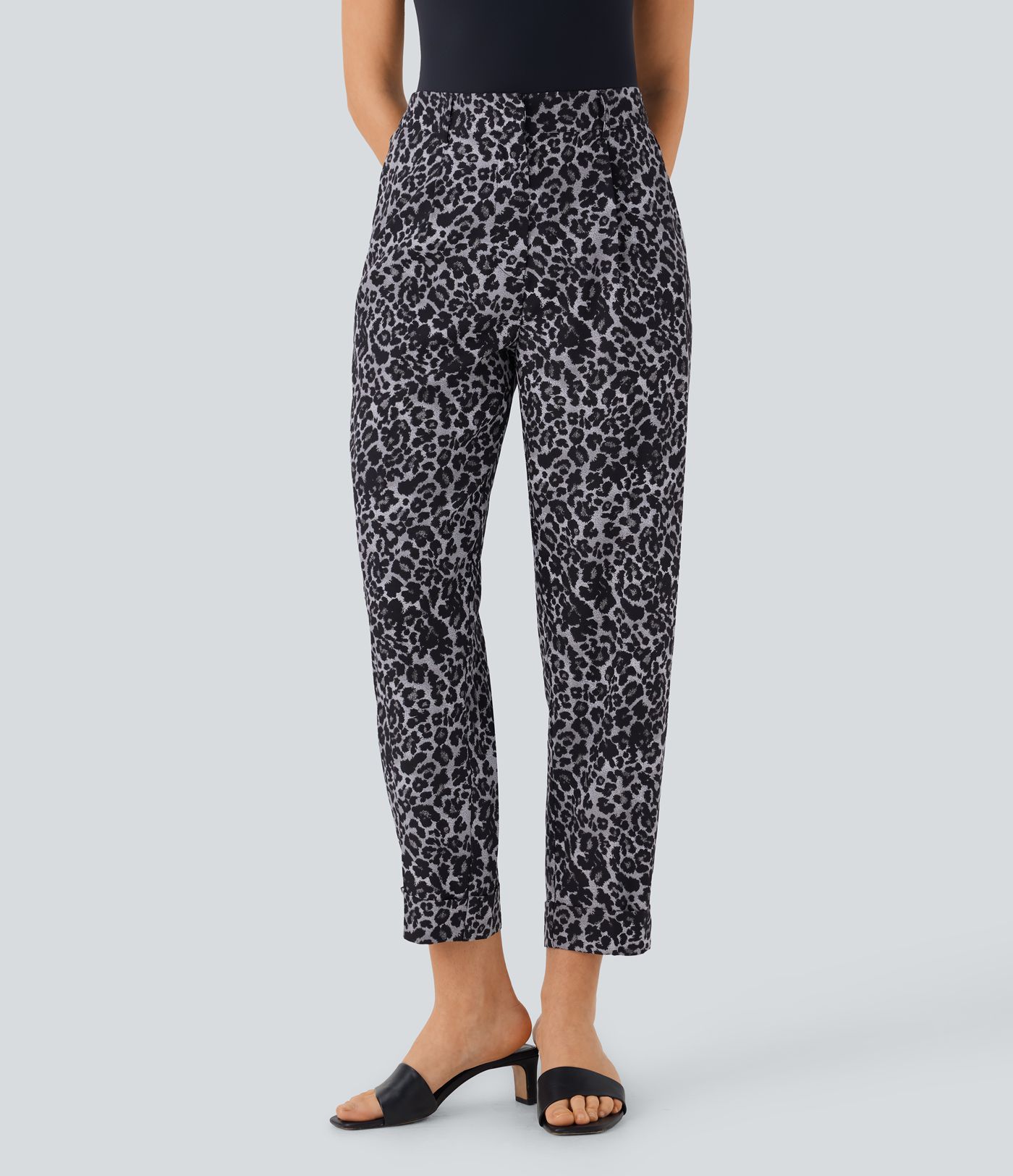 High Waisted Leopard Print Casual Tapered Pants with Pockets