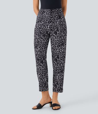 High Waisted Leopard Print Casual Tapered Pants with Pockets