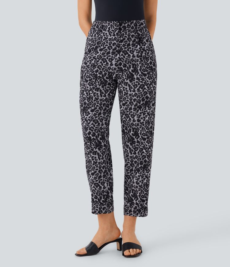 High Waisted Leopard Print Casual Tapered Pants with Pockets