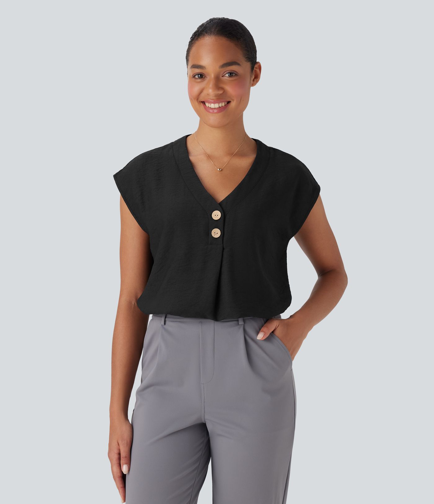 V Neck Cap Sleeve Decorative Work Blouse