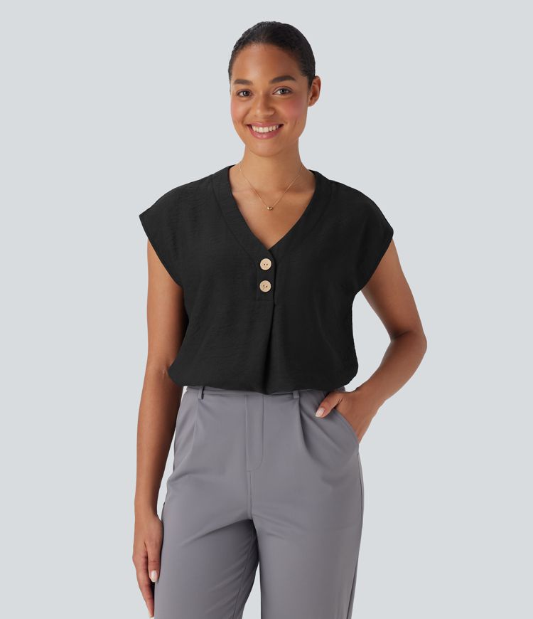 V Neck Cap Sleeve Decorative Work Blouse