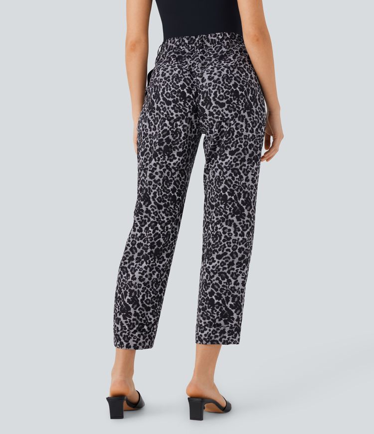 High Waisted Leopard Print Casual Tapered Pants with Pockets