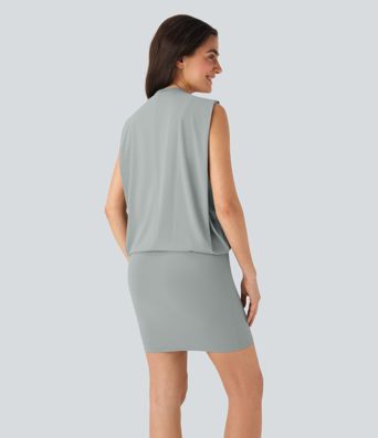 Robe Moulante Mini Décontractée à Col Rond sans Manches, 2 Pièces Superposées, Toucher Frais - Protection UV UPF50+