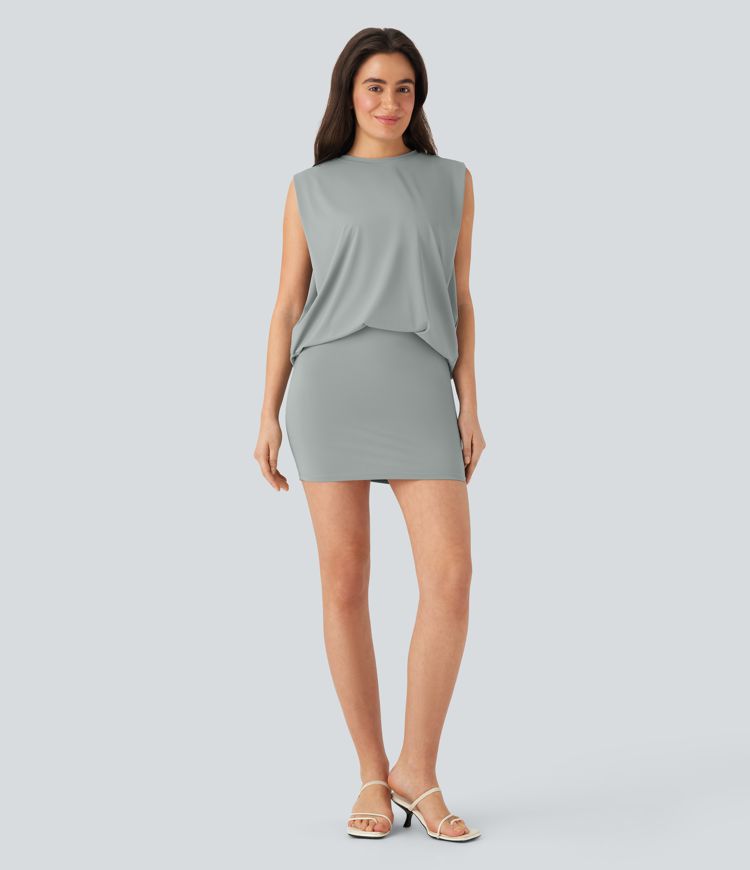 Robe Moulante Mini Décontractée à Col Rond sans Manches, 2 Pièces Superposées, Toucher Frais - Protection UV UPF50+