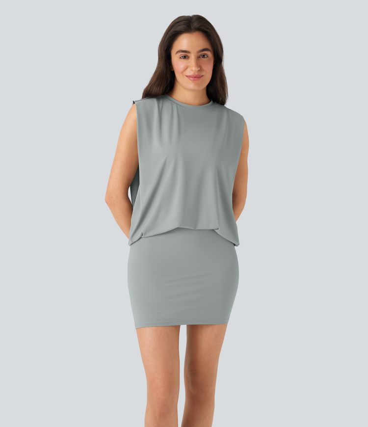 Robe Moulante Mini Décontractée à Col Rond sans Manches, 2 Pièces Superposées, Toucher Frais - Protection UV UPF50+