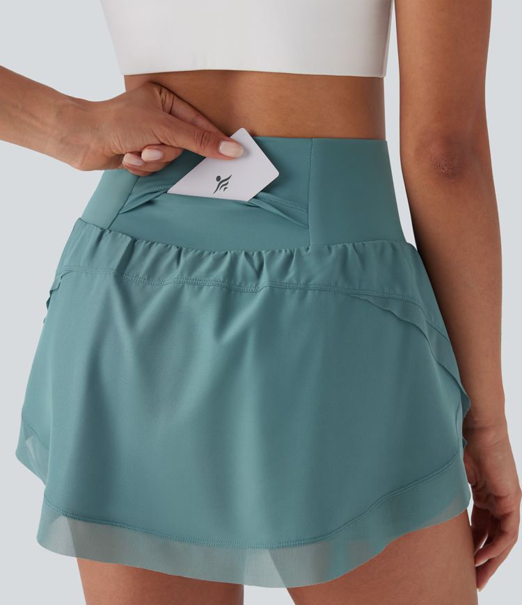 High Waisted Contrast Mesh Curved Hem 2-in-1 Mini Yoga Skirt with Pockets
