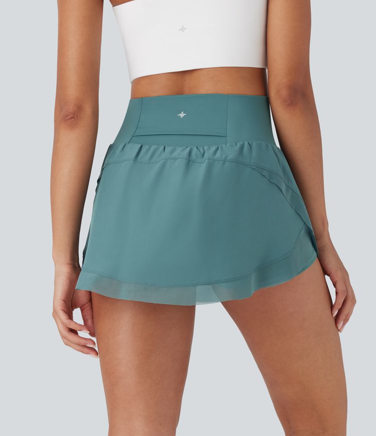 High Waisted Contrast Mesh Curved Hem 2-in-1 Mini Yoga Skirt with Pockets