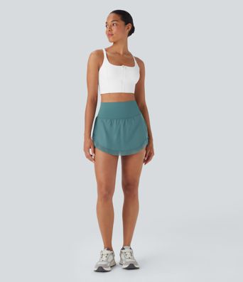 High Waisted Contrast Mesh Curved Hem 2-in-1 Mini Yoga Skirt with Pockets