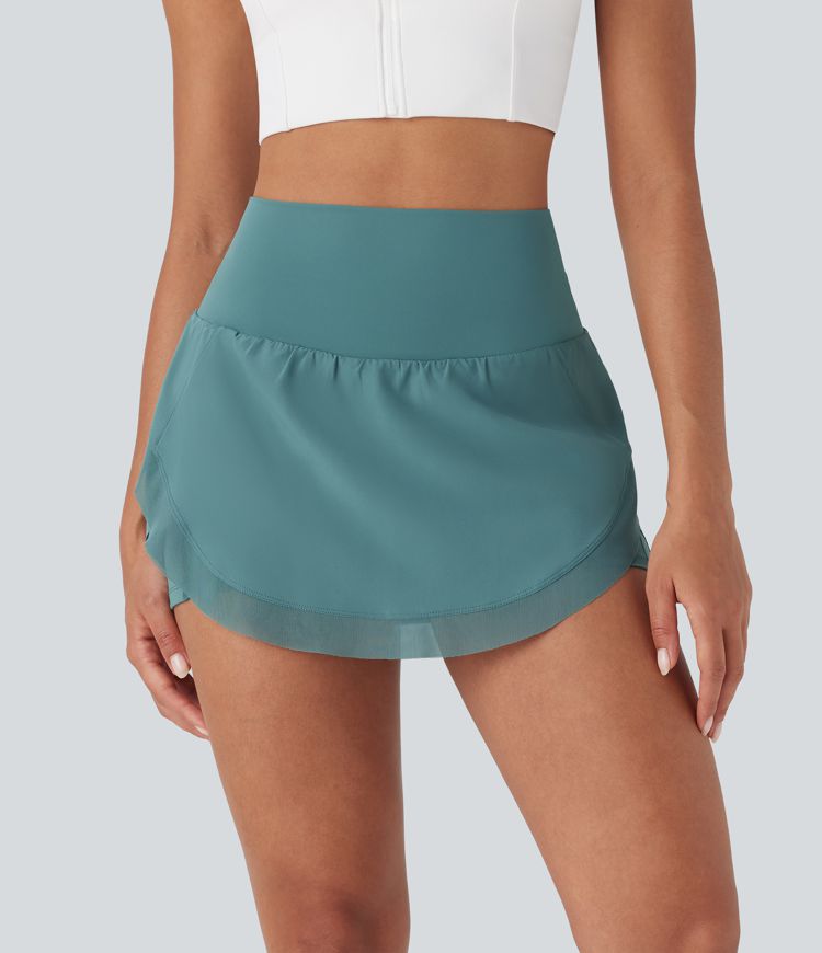 High Waisted Contrast Mesh Curved Hem 2-in-1 Mini Yoga Skirt with Pockets